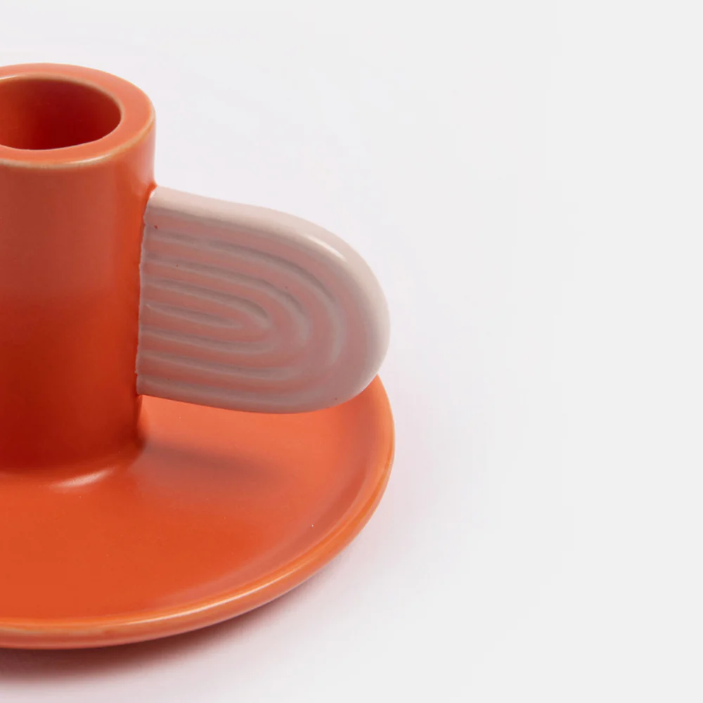 Orange/Pink Hand Painted Stoneware Candle Holder - Image 3